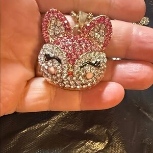 Sparkling Pink and Silver Fox Pendant Necklace